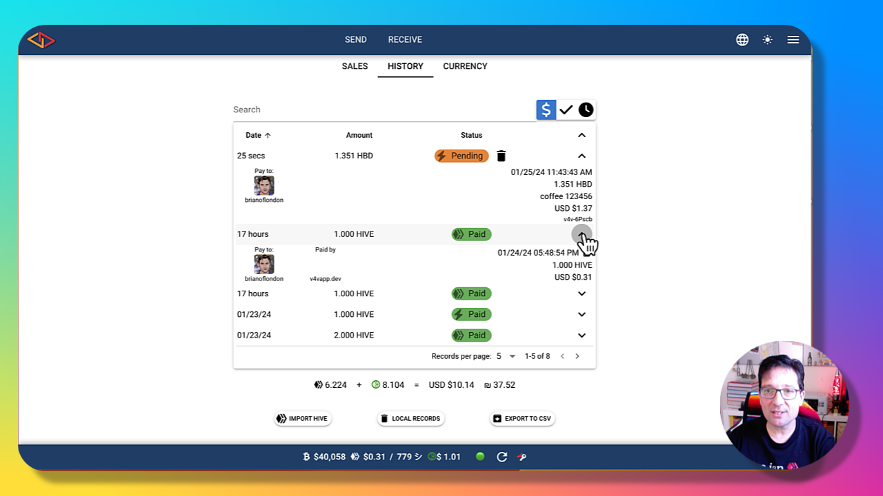 Showing the new Point of Sale POS with history screens on v4v.app